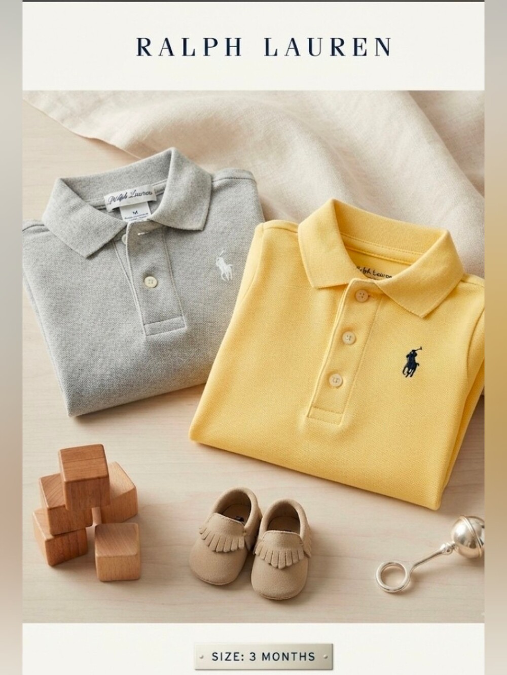 2- Iconic Ralph Lauren Infant Boys Polo Shirt 3mns Yellow, Gray